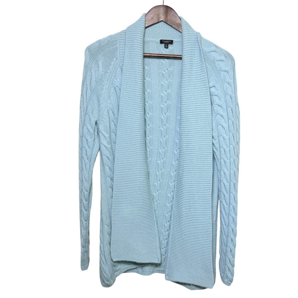 Talbots Womens 100% Wool Cable Knit Shawl Collar Open Cardigan Blue Size M - Picture 2 of 8